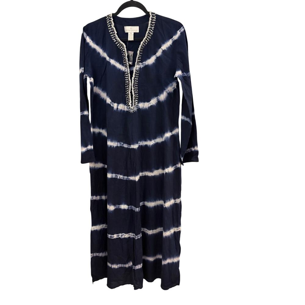 Soft Surroundings Blue Tie Dye Maxi Dress Swim Cover Up PM Beaded Boho Cotton